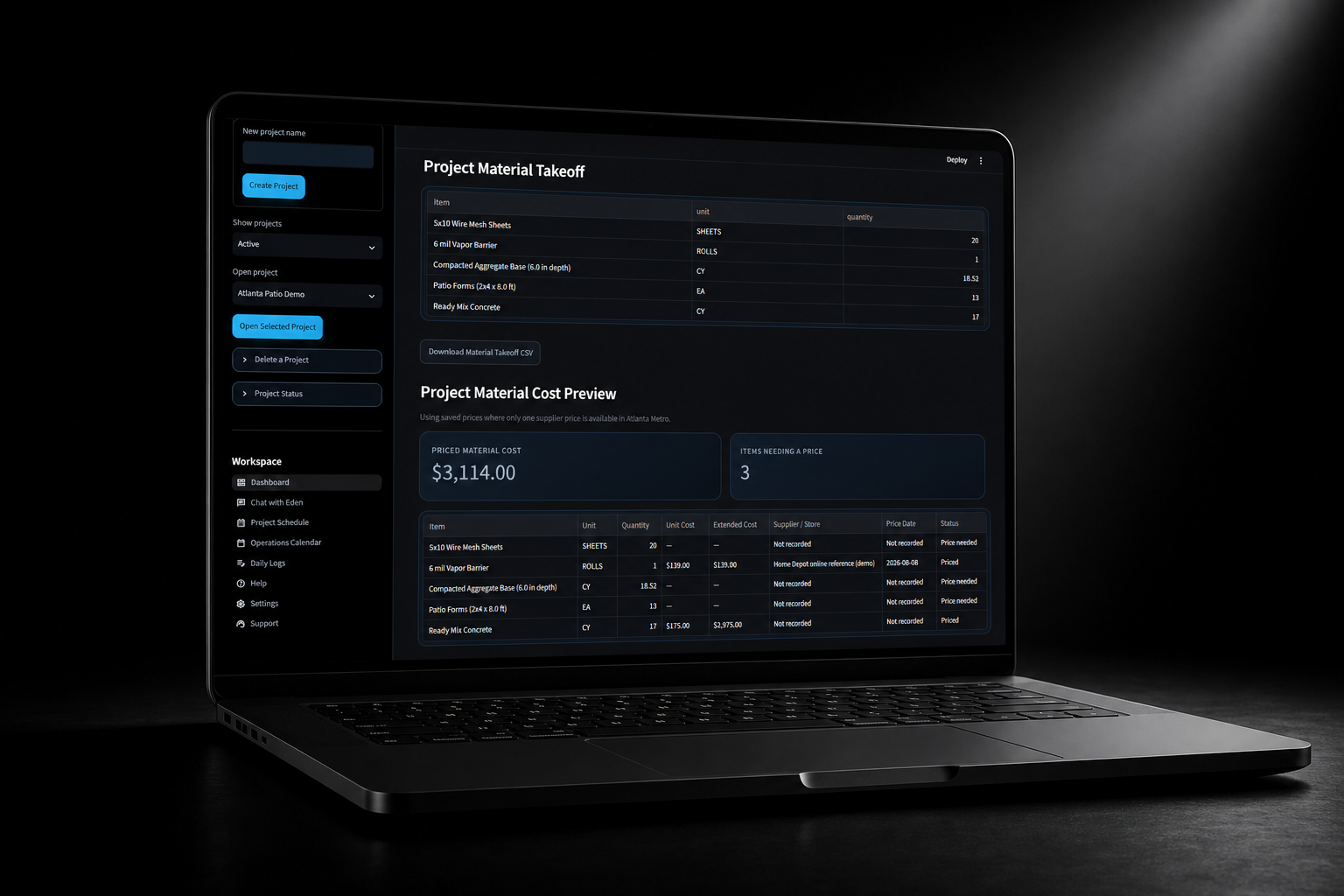 Eden project material takeoff dashboard displayed on a black laptop